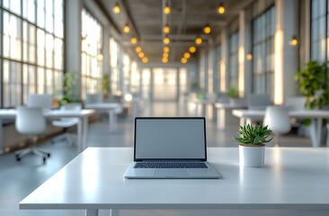 Fototapeta premium Modern Office Space with Laptop and Plant on Desk Minimalist Workplace Design Bright and Open Workspace Environment : Generative AI