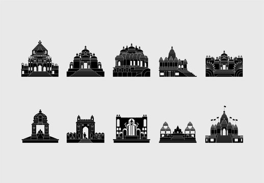 Black Akshardham Historic Temple Silhouette Icons Set