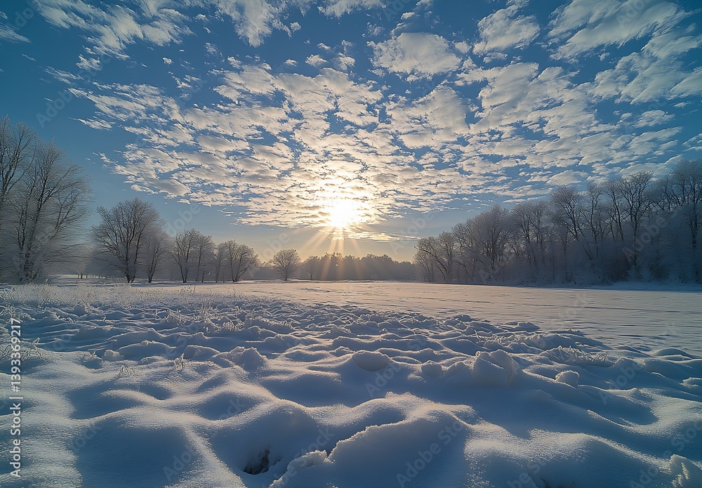 Poster picturesque winter landscape with sun rays illuminating frozen fields and frosty trees : generative 