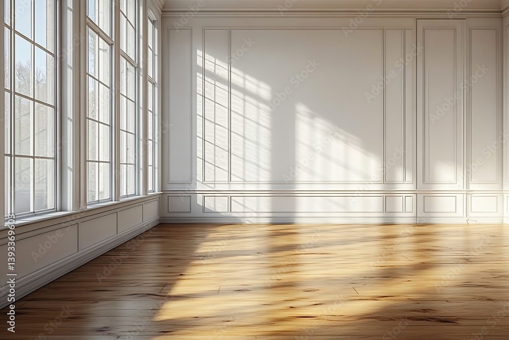 Leinwandbilder Empty Room with Hardwood Floors and Large Windows Sunlight Streaming In Interior Design and Architecture : Generative AI