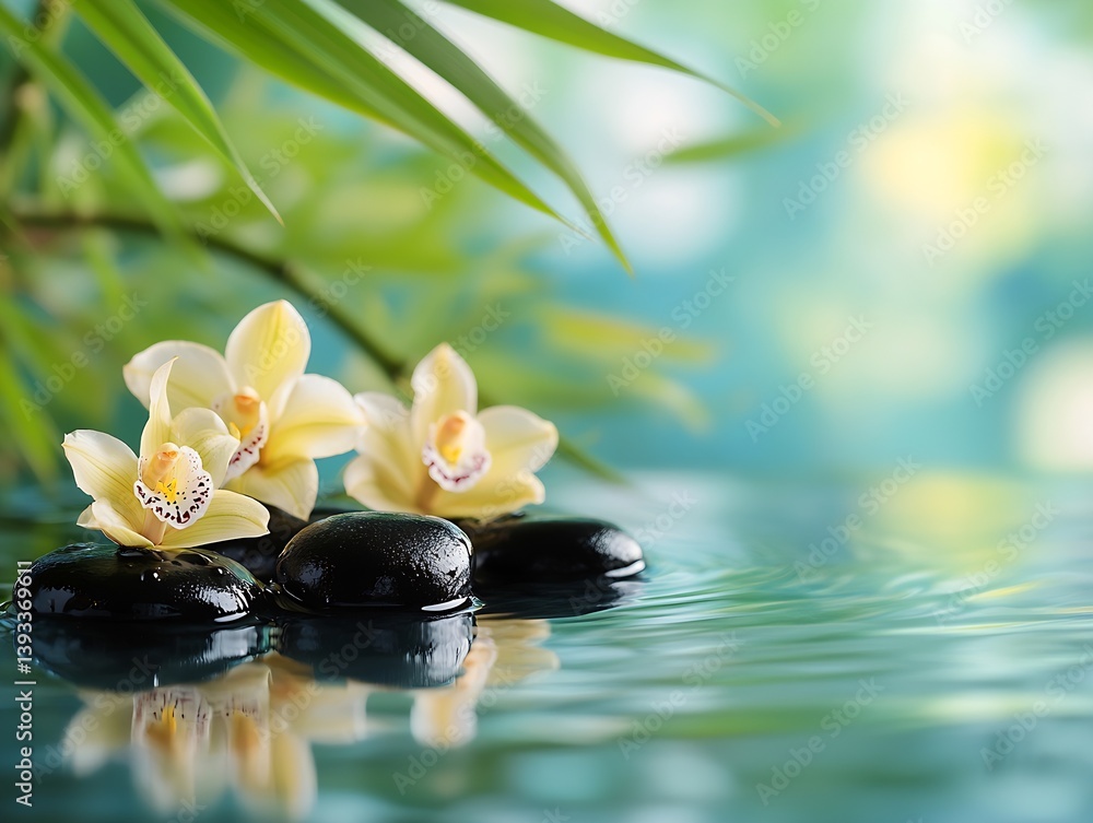 Poster Elegant Display of Yellow Orchids on Stones Surrounded by Reflected Water Surface : Generative AI