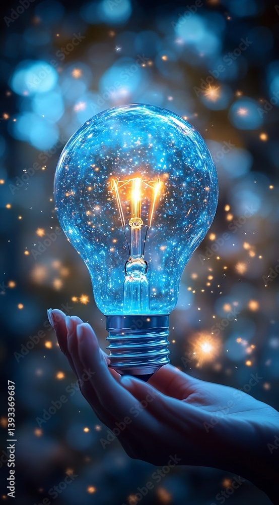 Fototapete Sparkling Lightbulb in Hand Illuminates Creative Idea with Bokeh Background Symbolizing Innovation and Hope : Generative AI