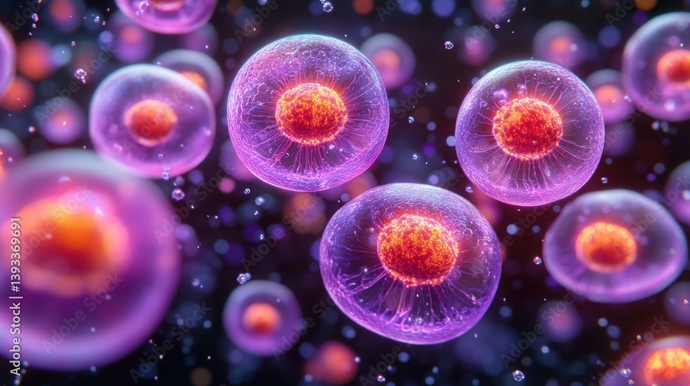Poster microscopic cells float in space, each with a nucleus and membrane