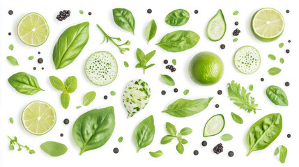 Fresh Ingredients Flat Lay: Vibrant basil, Lime, Mint, and Pepper Arrangement for Culinary Projects
