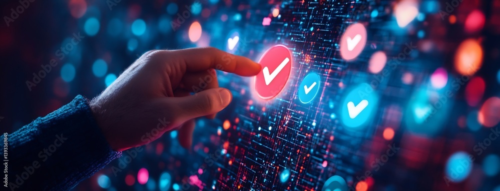 Poster Digital Approval Concept Finger Touching Tick Icon Futuristic Technology Confirmation and Agreement : Generative AI