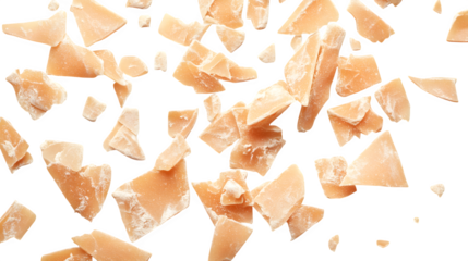 Pieces of uncooked penne pasta on a white background --ar 16:9