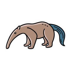 Fototapeta premium Illustration of a cute cartoon anteater animal with long nose and blue tail on transparent background