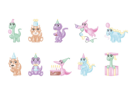 Pastel Cute Cartoon Dinosaurs Birthday Party Stickers Set