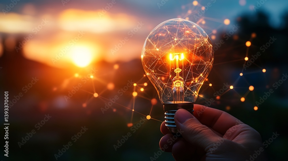 Poster light bulb innovation concept hand holding illuminated idea with glowing connections sunset backgrou
