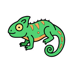 Fototapeta premium Cartoon vector illustration of a cute green chameleon with orange markings on transparent background