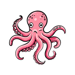 Cute pink octopus cartoon illustration with tentacles and sad expression art on transparent background