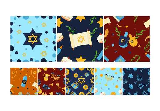 Colorful Traditional Hanukkah Symbols Pattern Layout