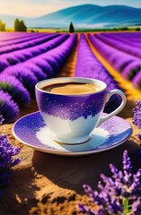 Lavender fields stretch behind a steaming cup of coffee on a beautiful sunny day