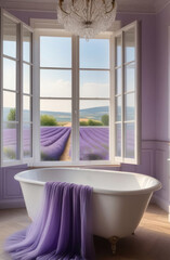 Luxurious bathroom with lavender fields view and elegant decor