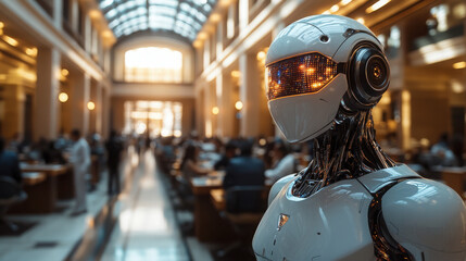 Fototapeta premium They should be seen working in groups at tables in a high-ceilinged conference room, with some kind of artificial intelligence on the walls. There may be a few robots in the room․