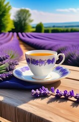 Lavender fields with tea cup under clear blue sky during golden hour in France