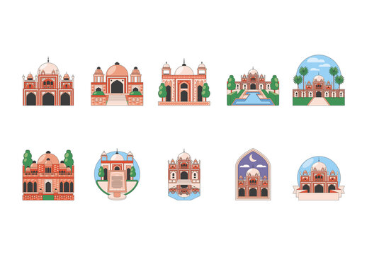 Colorful Historical Landmark Architecture Illustration Design Set