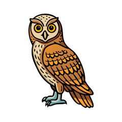 Illustration of a brown owl with yellow eyes looking to the side drawing on transparent background