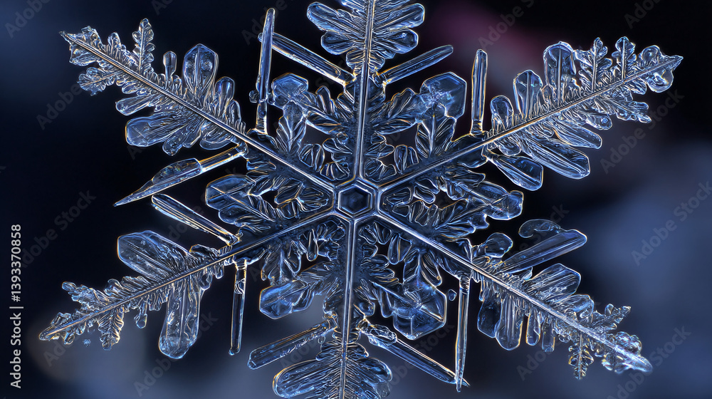 Poster a highly detailed, close-up image shows a snowflake developing with flawless symmetry, frozen at the