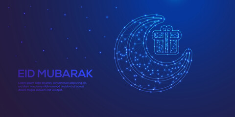 Polygonal Crescent Moon Vector | Ramadan Kareem Mubarak Eid Theme | Abstract Low Poly Wireframe Moon | Starry Night Sky Universe Illustration