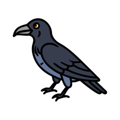 Illustration of a black crow standing with a yellow eye and black outline on transparent background