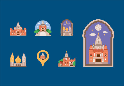 Colorful Traditional Indian Landmark Illustration Design Set