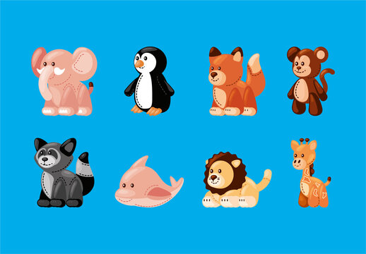 Colorful Adorable Cartoon Stuffed Animal Illustration Set