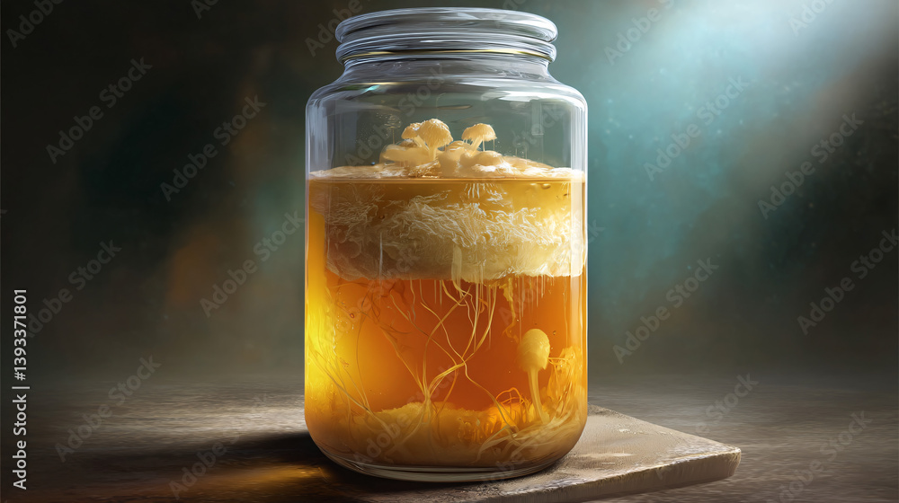 Poster a jar shows kombucha being made, with the scoby (a key part of the process) clearly visible as it fe