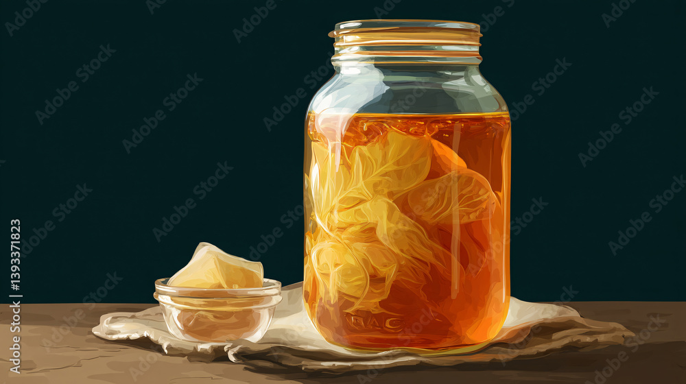 Poster a jar shows kombucha being made, with the scoby (a key part of the process) clearly visible as it fe