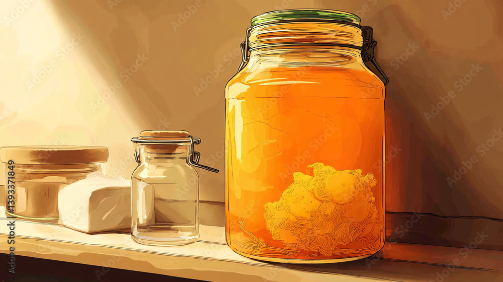 Poster a jar shows kombucha being made, with the scoby (a key part of the process) clearly visible as it fe