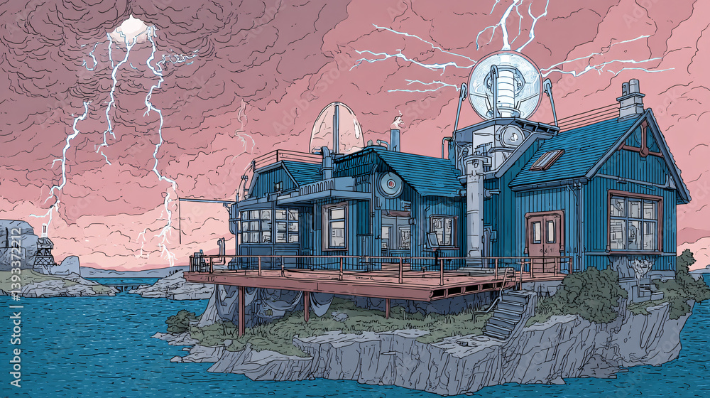 Poster a laboratory situated on a floating island, utilizing tesla coil technology and investigating new fo