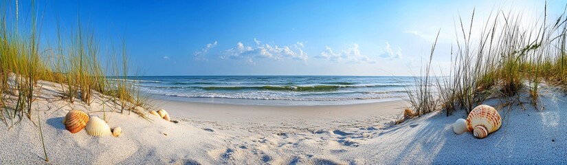 Obraz premium Panoramic View of a Tropical Beach with Seashells and Starfish on the Sandy Shore under a Clear Blue Sky. Generative AI