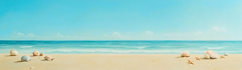 Panoramic View of a Tropical Beach with Seashells and Starfish on the Sandy Shore under a Clear Blue Sky. Generative AI