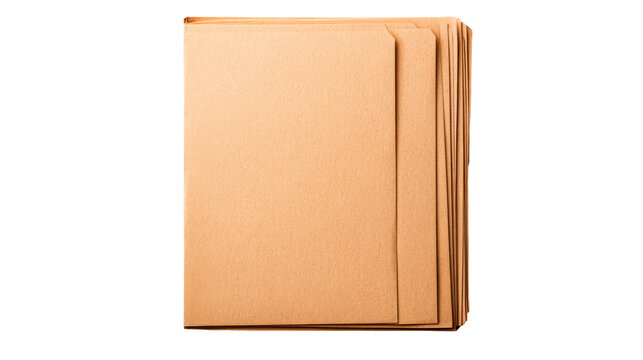 Stack of brown file folders on black backdrop, cut out transparent