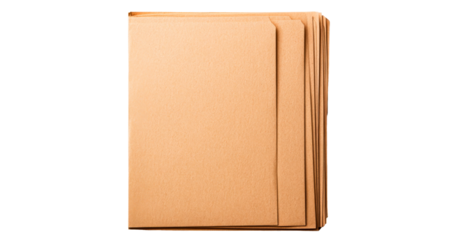 Stack of brown file folders on black backdrop, cut out transparent