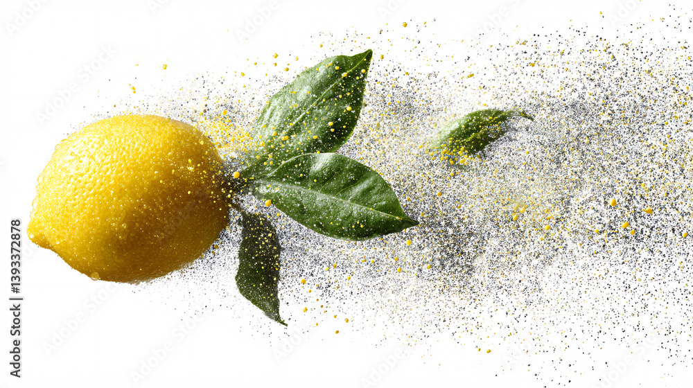 Poster a lemon is being squeezed, creating a burst of citrus spray, captured in a fast-motion photograph ag
