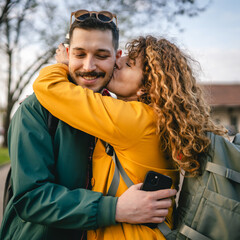 curly hair woman girlfriend hug with man on bus station
