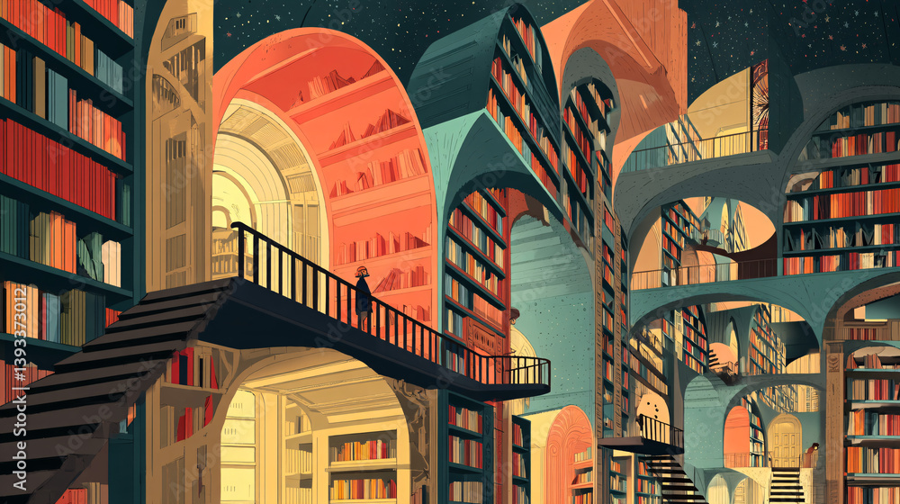 Poster a library filled with books whose illustrations move when the pages are turned.
