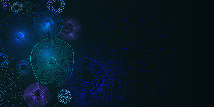 Abstract background of jellyfish-like round shapes in different shades of blue and teal for scientific and technical design, art on the theme of depth, abyss. Vector illustration