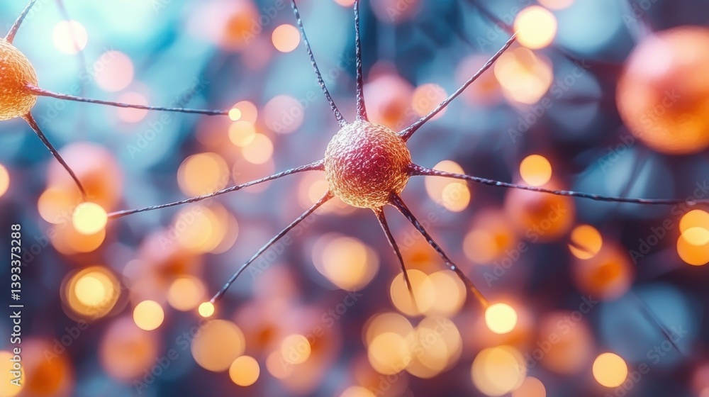 Poster neural network with orange-tinted cells and connected lines, bokeh lights behind