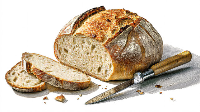 A loaf of homemade sourdough bread is being cut, showcasing its airy, porous interiora hallmark of traditional bakingagainst a plain white backdrop.  