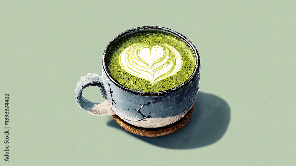 Aufkleber a matcha latte featuring a creatively patterned foam design on top.