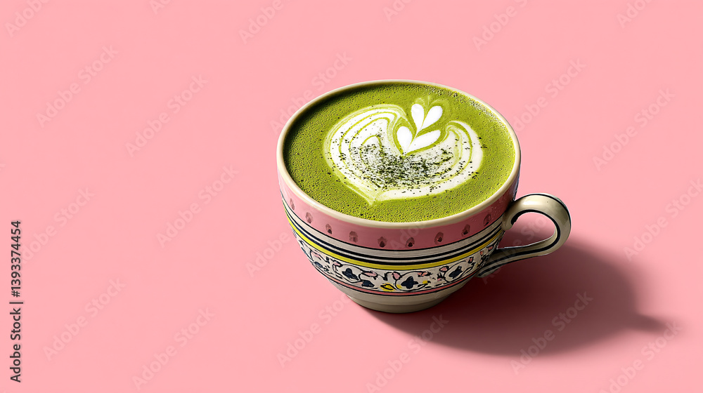 Aufkleber a matcha latte featuring a creatively patterned foam design on top.