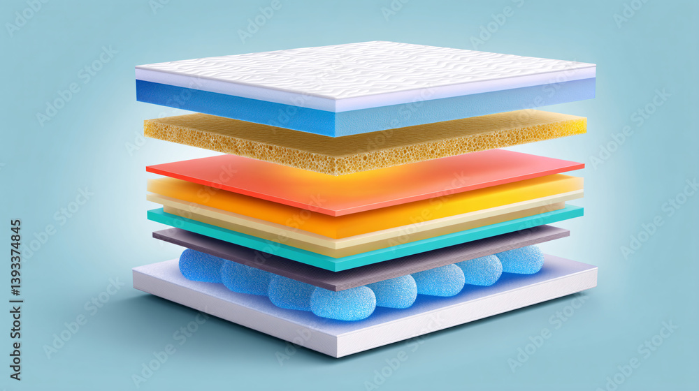 Poster a memory foam mattress is shown in cross-section, highlighting its different layers and the technolo