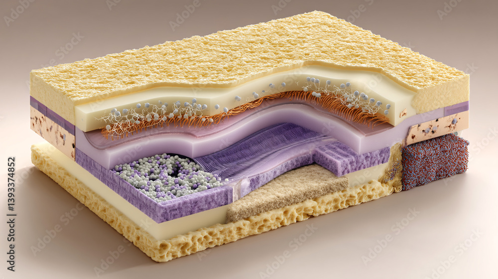 Poster a memory foam mattress is shown in cross-section, highlighting its different layers and the technolo