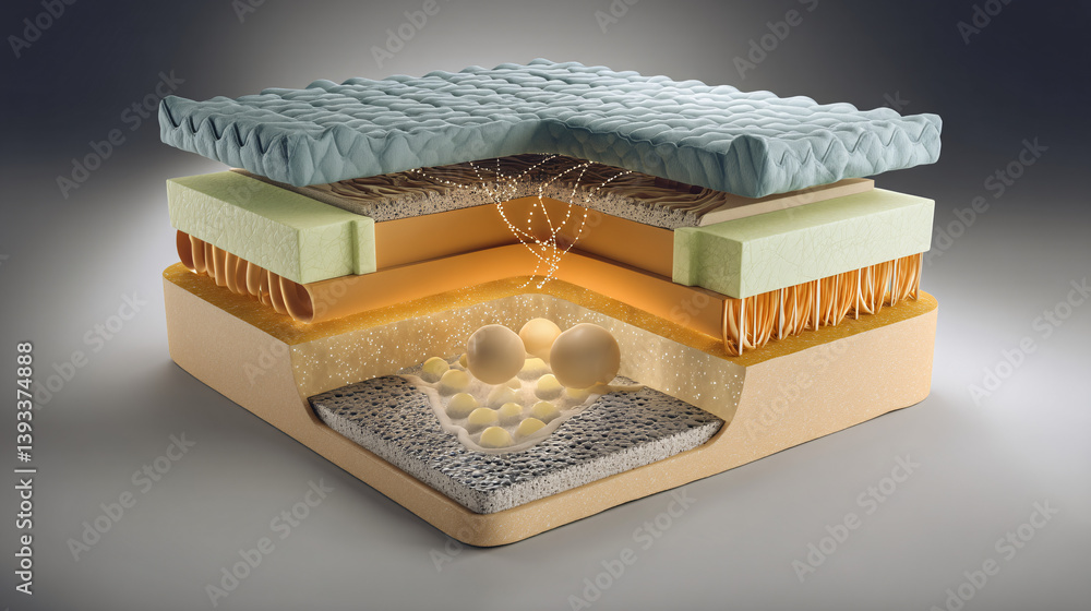 Poster a memory foam mattress is shown in cross-section, highlighting its different layers and the technolo