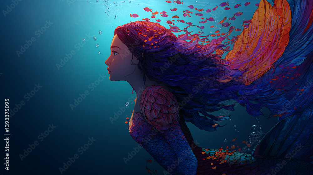 Poster a mermaid whose scales shift colors depending on how deep she is and the waters temperature.