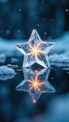 Frosty crystal star reflected in icy lake waters, water, ice