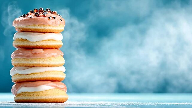 A stack of delicious pink frosted donuts with sprinkles against a soft blue background