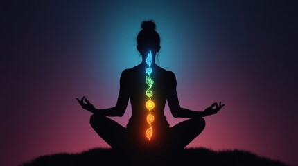 A striking silhouette of a person in a meditative pose, with vibrant chakra symbols illuminated along the spine, symbolizing energy flow and balance. 